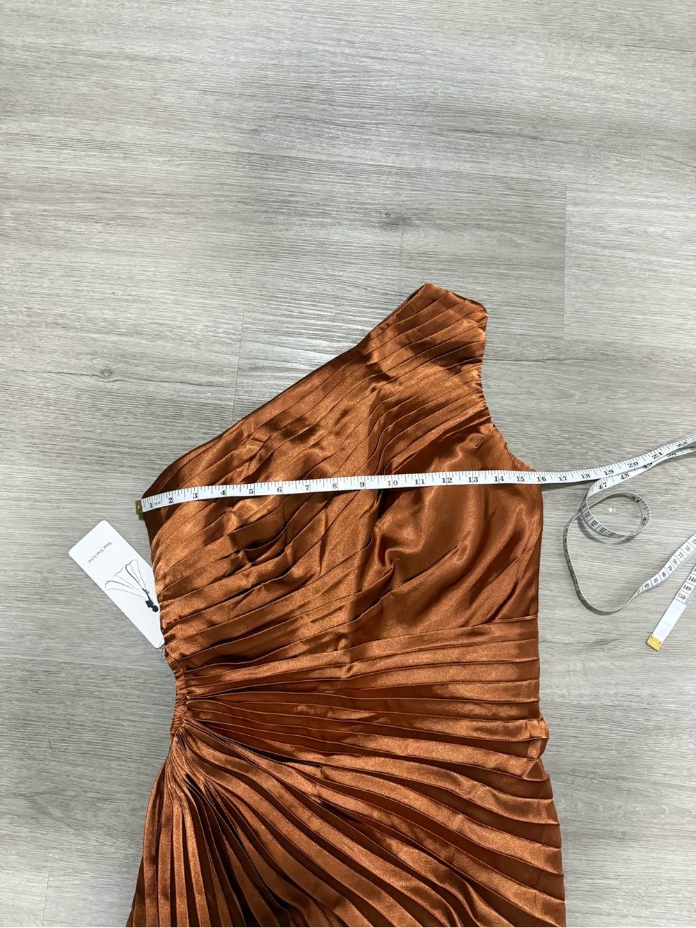 One-Shoulder Copper Pleated Midi Dress - Picture 9 of 11